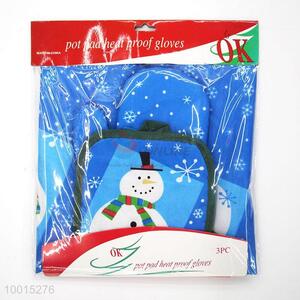 Wholesale A Set of Blue Snowman Polyester Insulation Mat/<em>Pot</em> Holder，Microwave Oven Glove and Apron