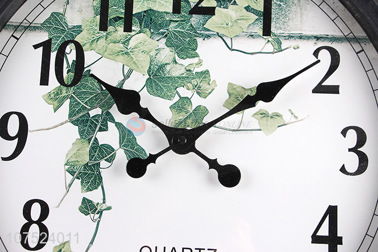 Best selling modern green plant printed wall clock living room plastic wall clock