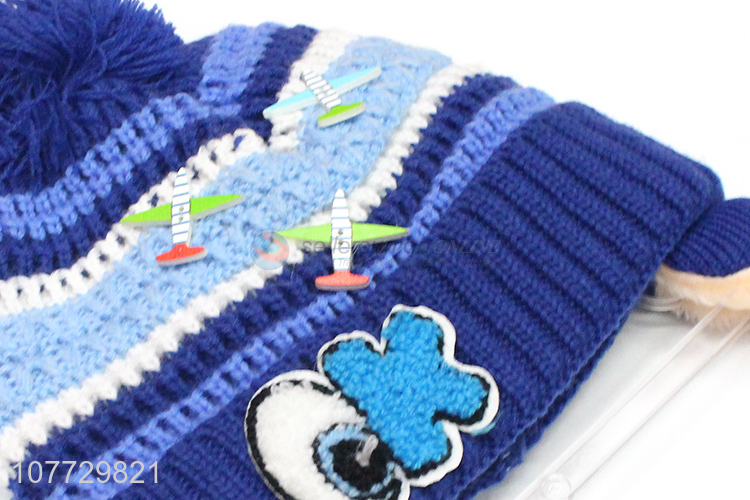 New design cartoon hat toddler outdoor thermal knitted earmuff beanie cap