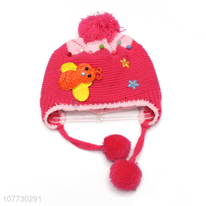 Hot selling kids winter warm acrylic knitting earmuff beanie hat with pompom