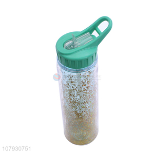 New arrival creative double-walled sequined plastic water bottle with straw