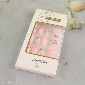Hot items pink 24pcs women sticky on nails <em>fake</em> <em>nail</em> set <em>nail</em> decoration