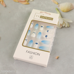 Top quality blue women 24pcs sticky on nails <em>fake</em> <em>nail</em> set for <em>nail</em> art decoration